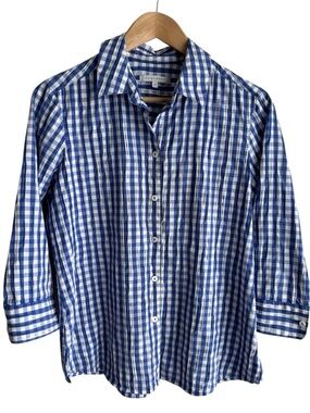 Foxcroft Button Up Gingham Shirt Womens 8 Blue White Plaid Low Wrinkle Top VGUC
